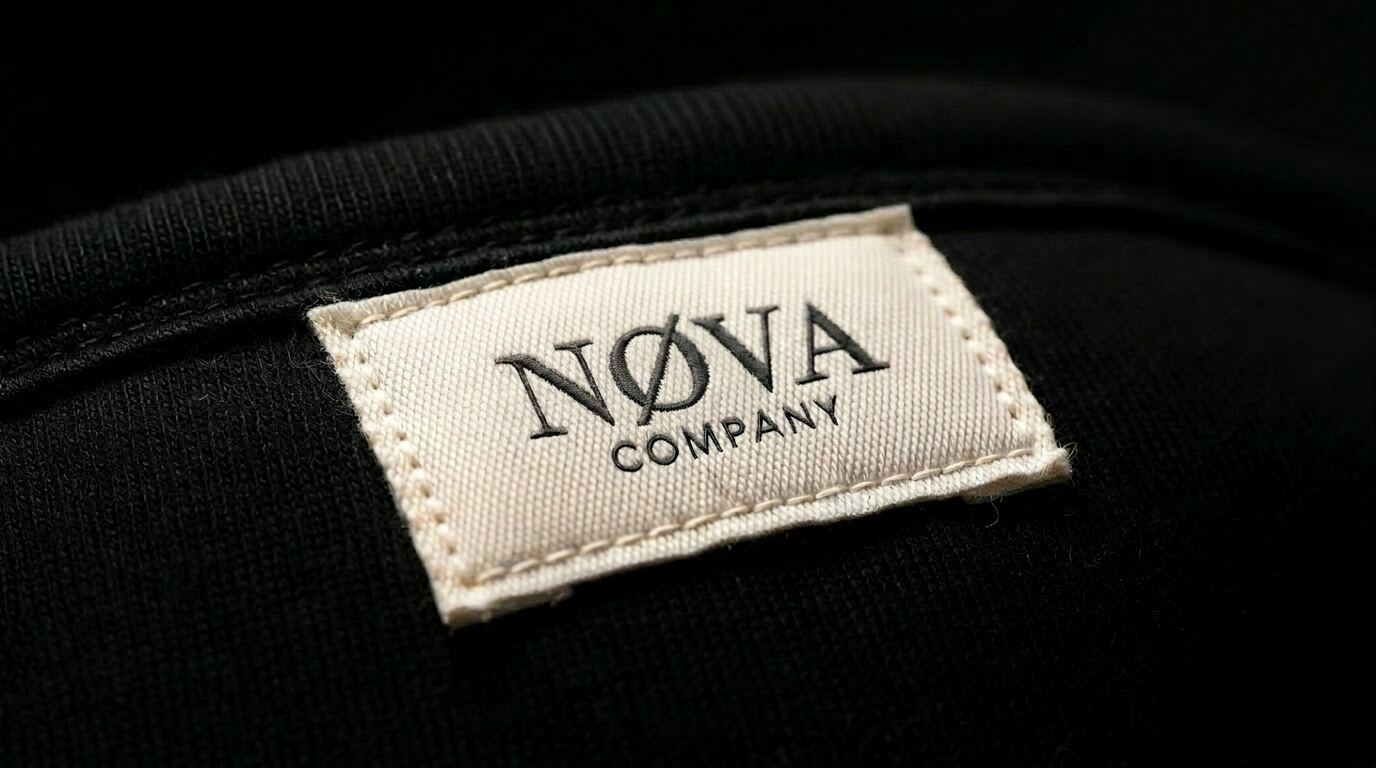 Etiqueta NOVA Company costurada em camiseta preta